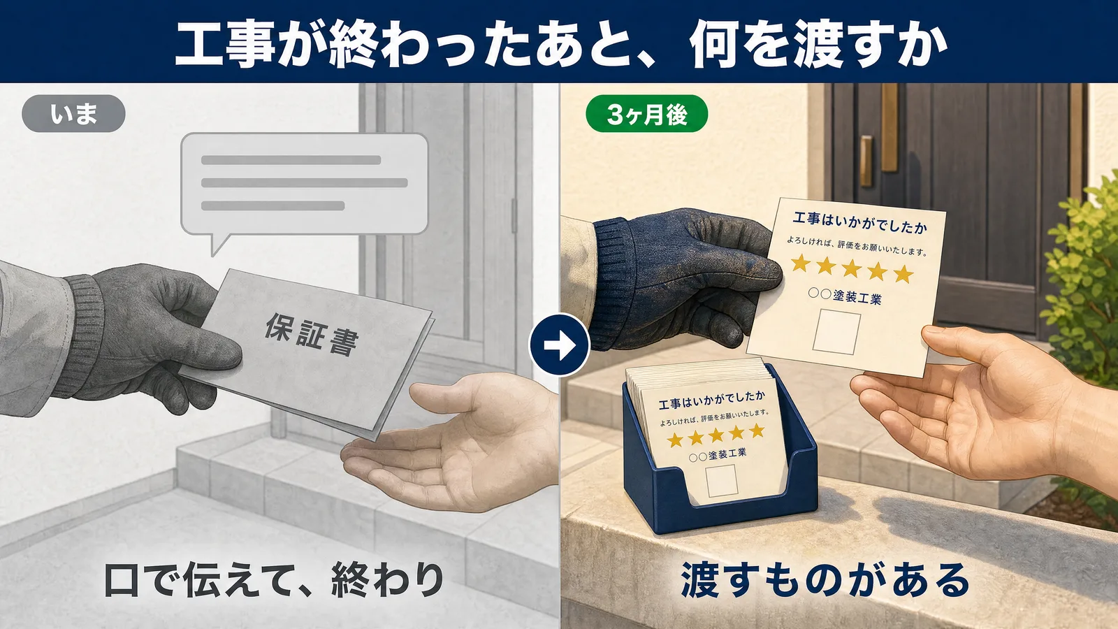 引き渡しの場面の比較。いまは保証書を渡して口頭で伝えるだけ、3ヶ月後は星の並んだクチコミ依頼カードをお渡ししていて、補充用のカード立ても置いてある。
