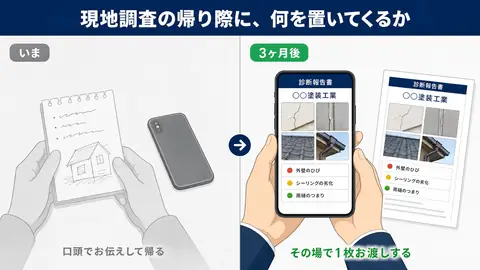 現地調査の帰り際の比較。いまは口頭とメモ。3ヶ月後はスマホで作った診断報告書をその場で見せている。