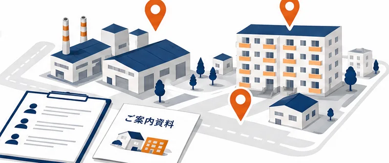 工場と集合住宅が並ぶ地図と、ご案内資料